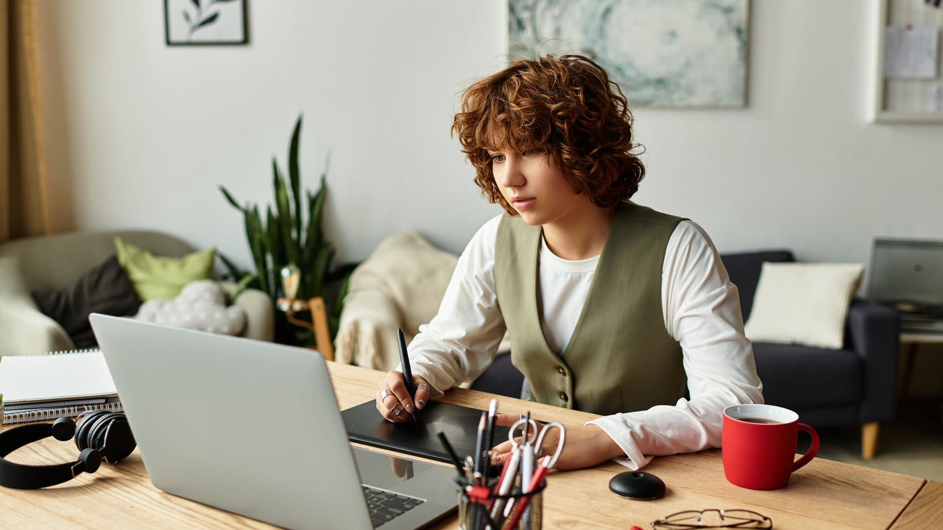 Junge Frau arbeitet am Laptop.