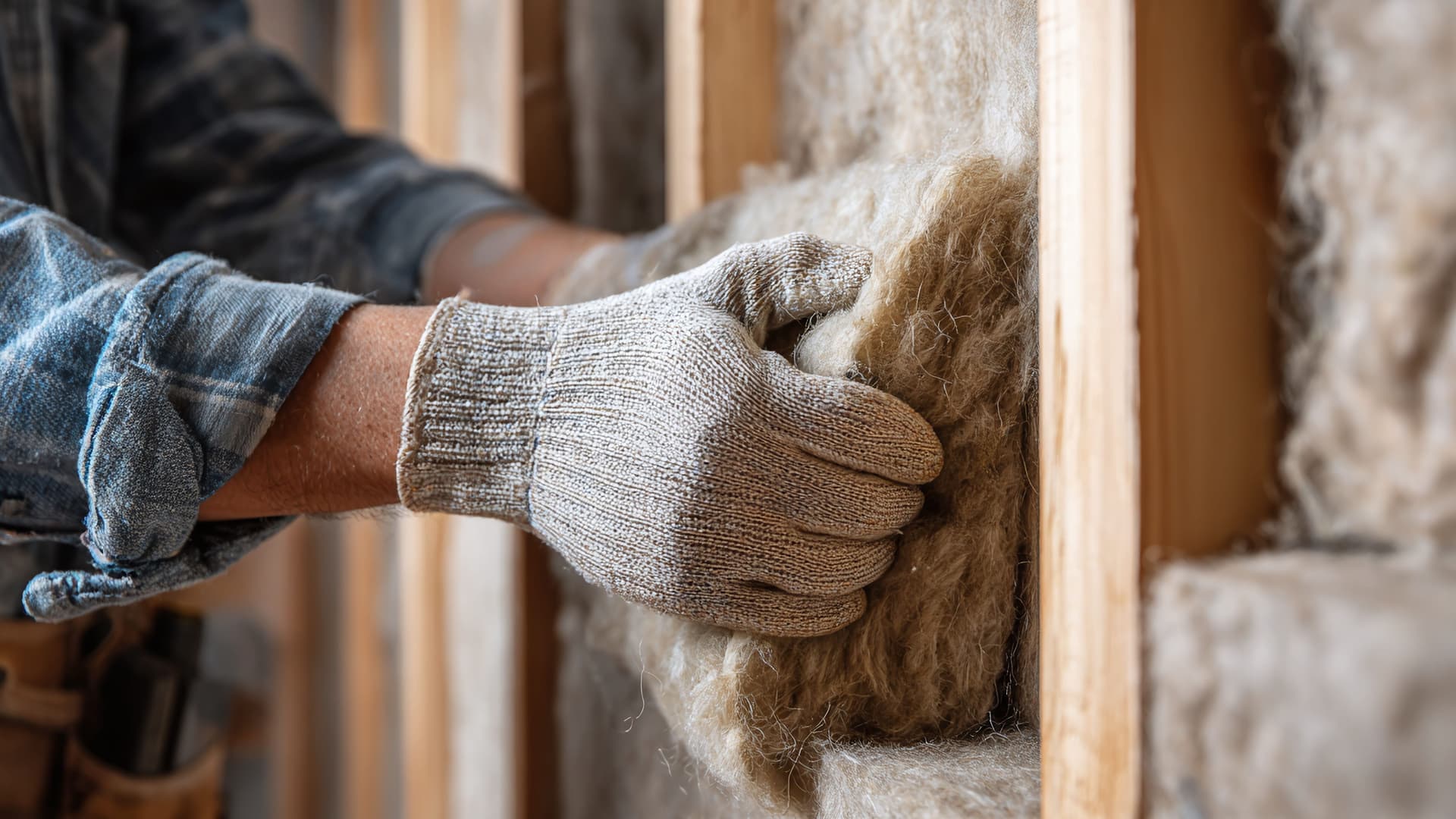 Handwerker installiert Wärmedämmung in einem Haus.