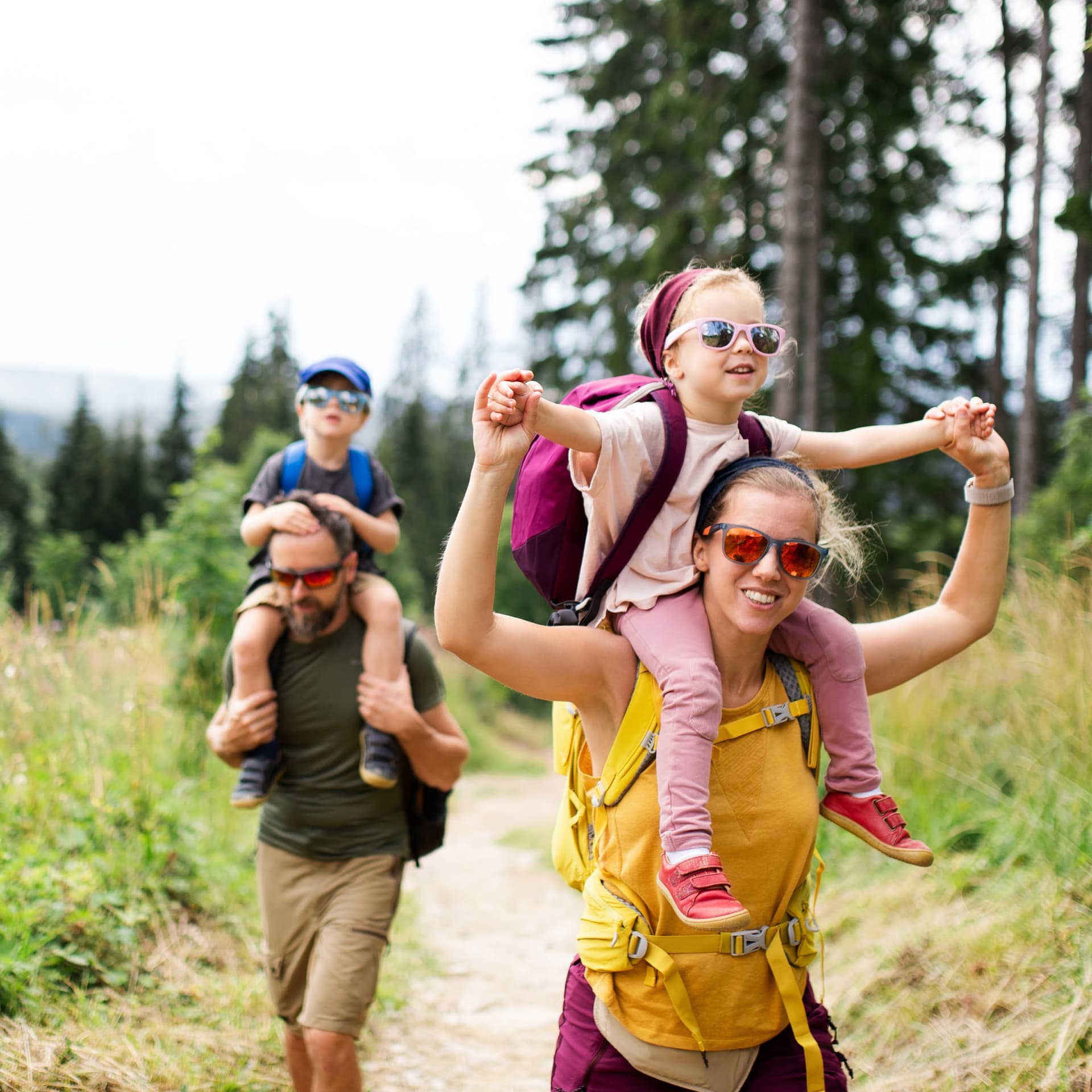 Familie mit zwei kleinen Kindern beim Wandern.