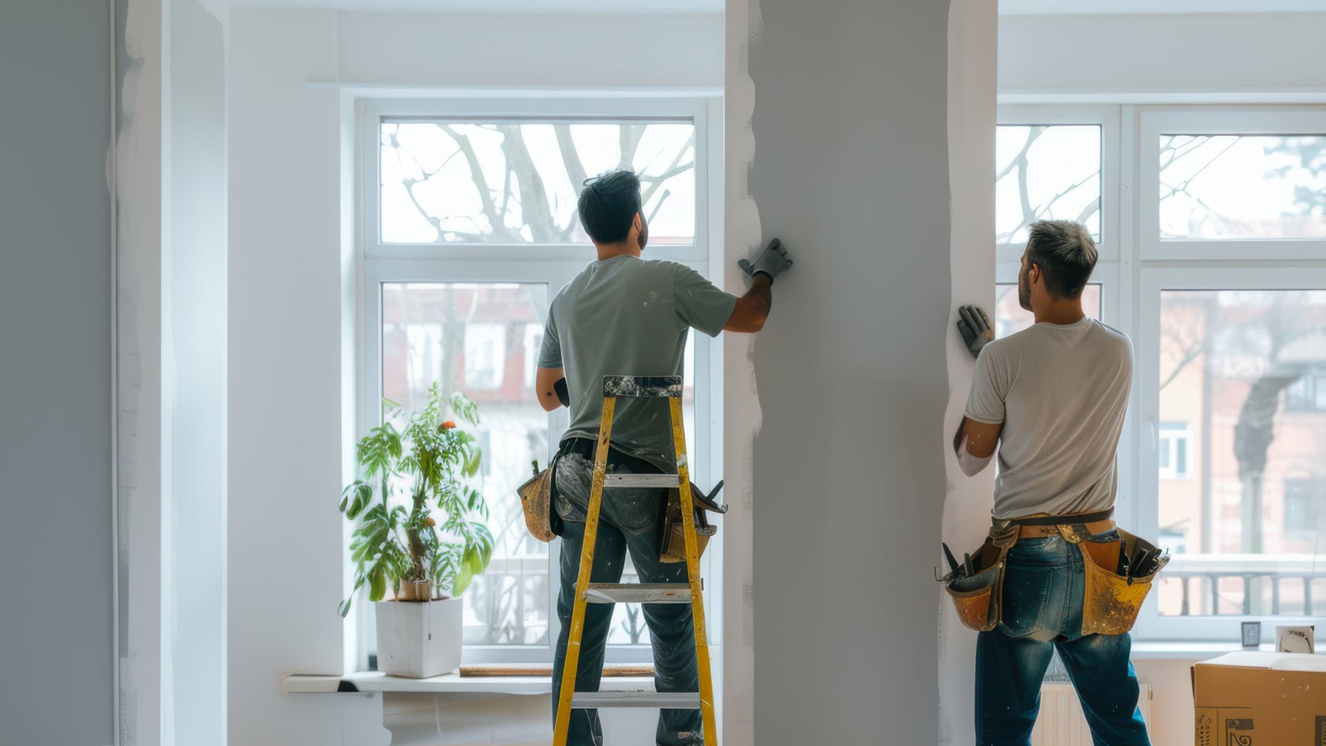 2 Handwerker beim Verputzen einer Wand.