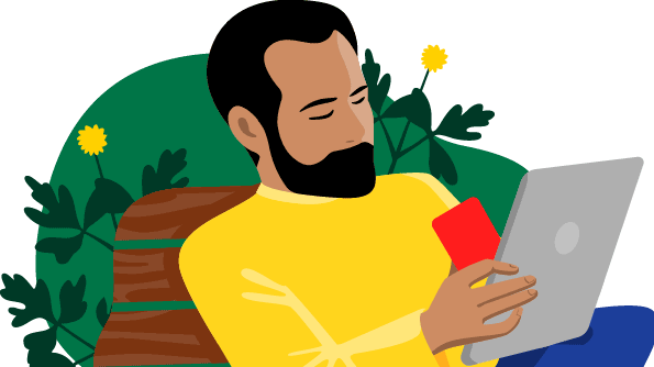 Gezeichneter Mann hat ein Tablet und eine Karte in den Händen.